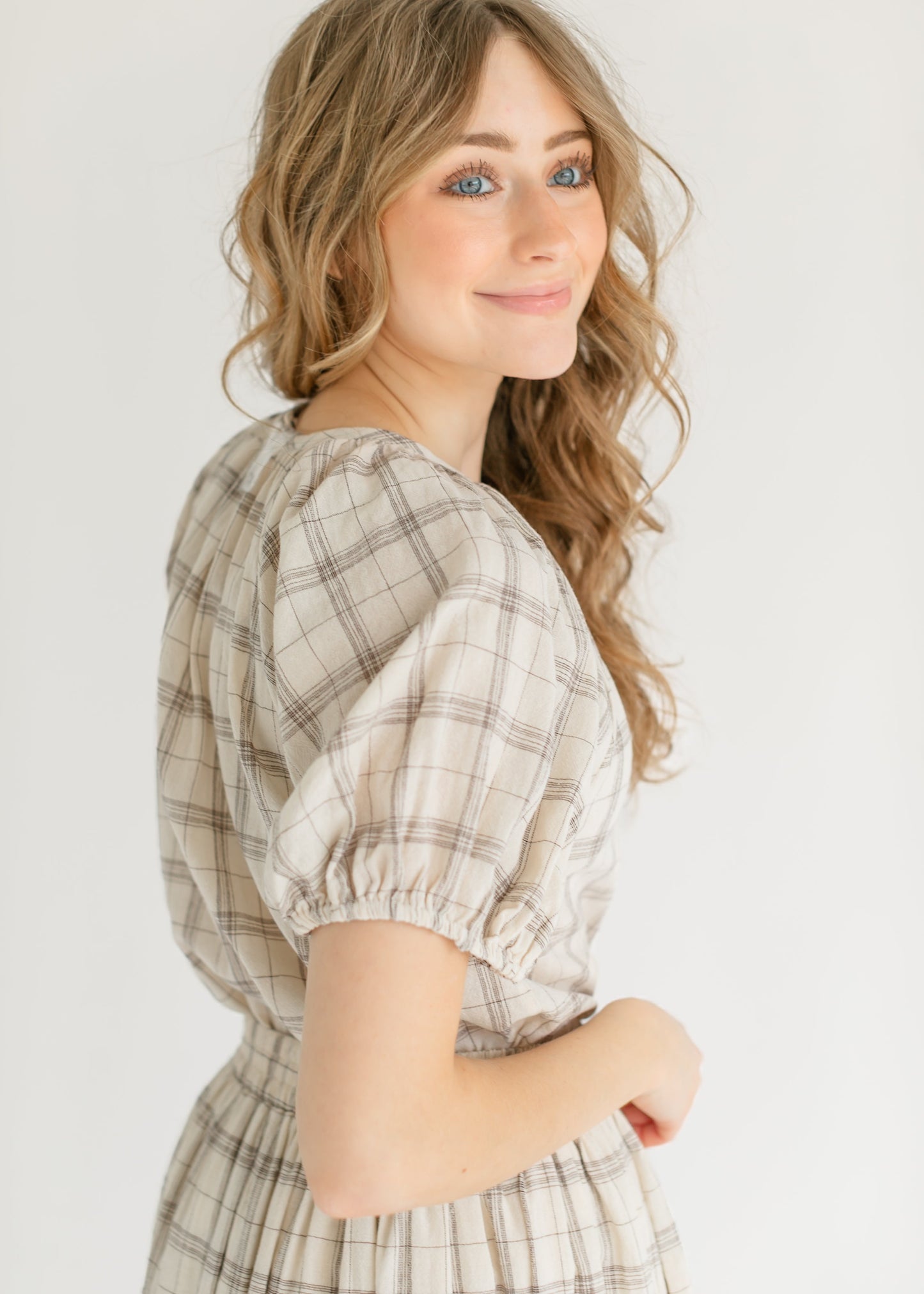 Puff Sleeve Plaid Button Up Top - FINAL SALE