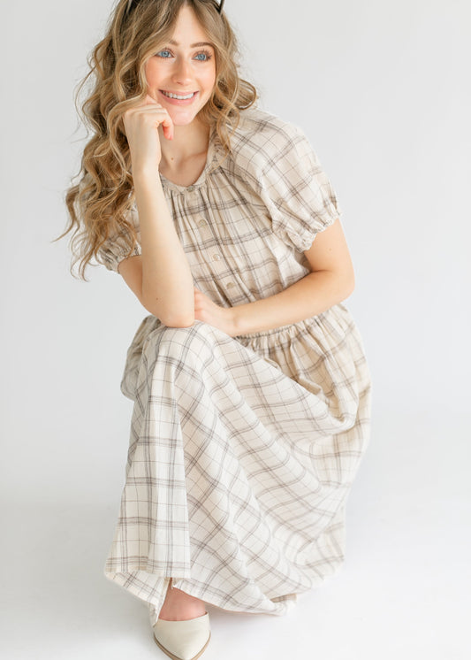 Puff Sleeve Plaid Button Up Top - FINAL SALE