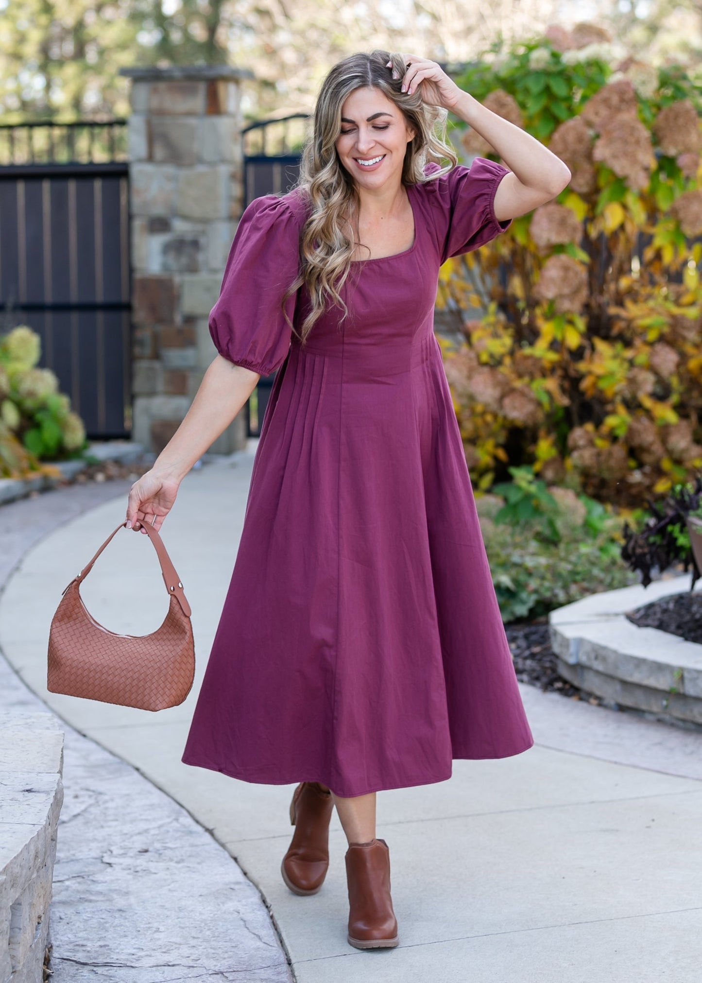 Puff Sleeve Pleated Waist Midi Dress - FINAL SALE