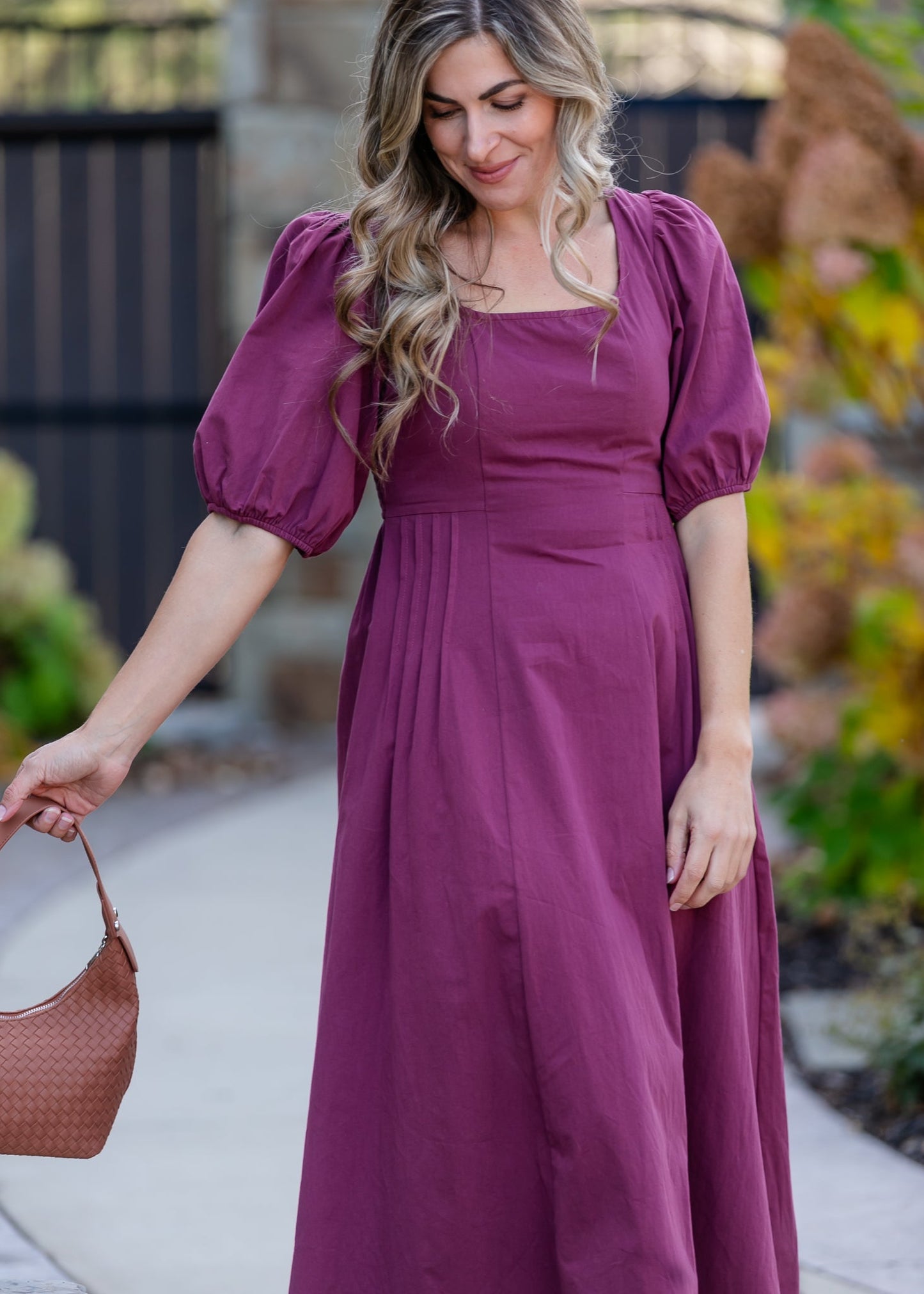 Puff Sleeve Pleated Waist Midi Dress - FINAL SALE