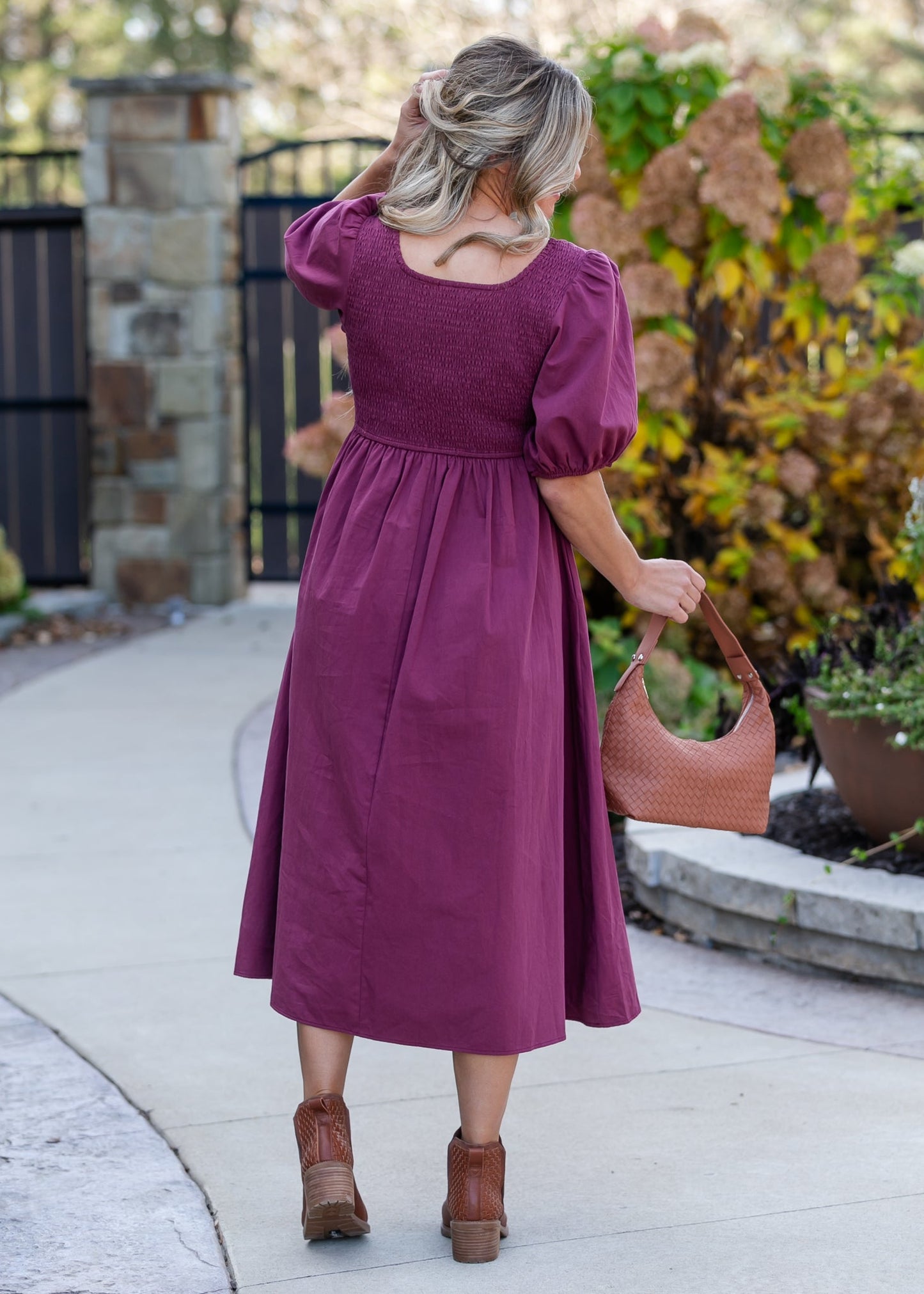 Puff Sleeve Pleated Waist Midi Dress - FINAL SALE