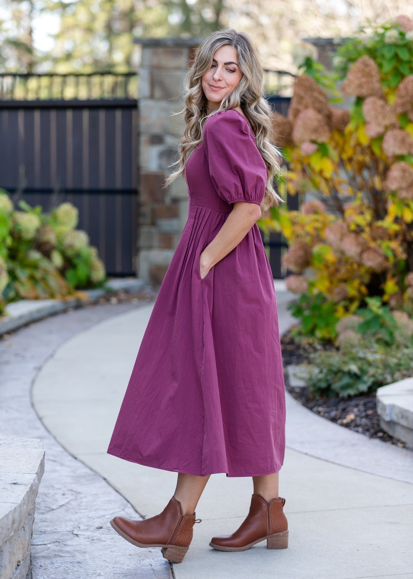 Puff Sleeve Pleated Waist Midi Dress - FINAL SALE