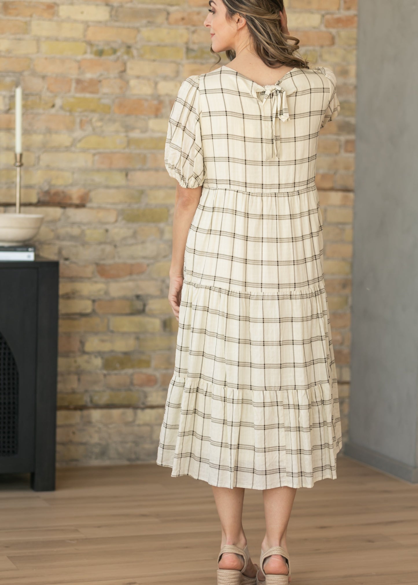 Puff Sleeve Windowpane Maxi Dress