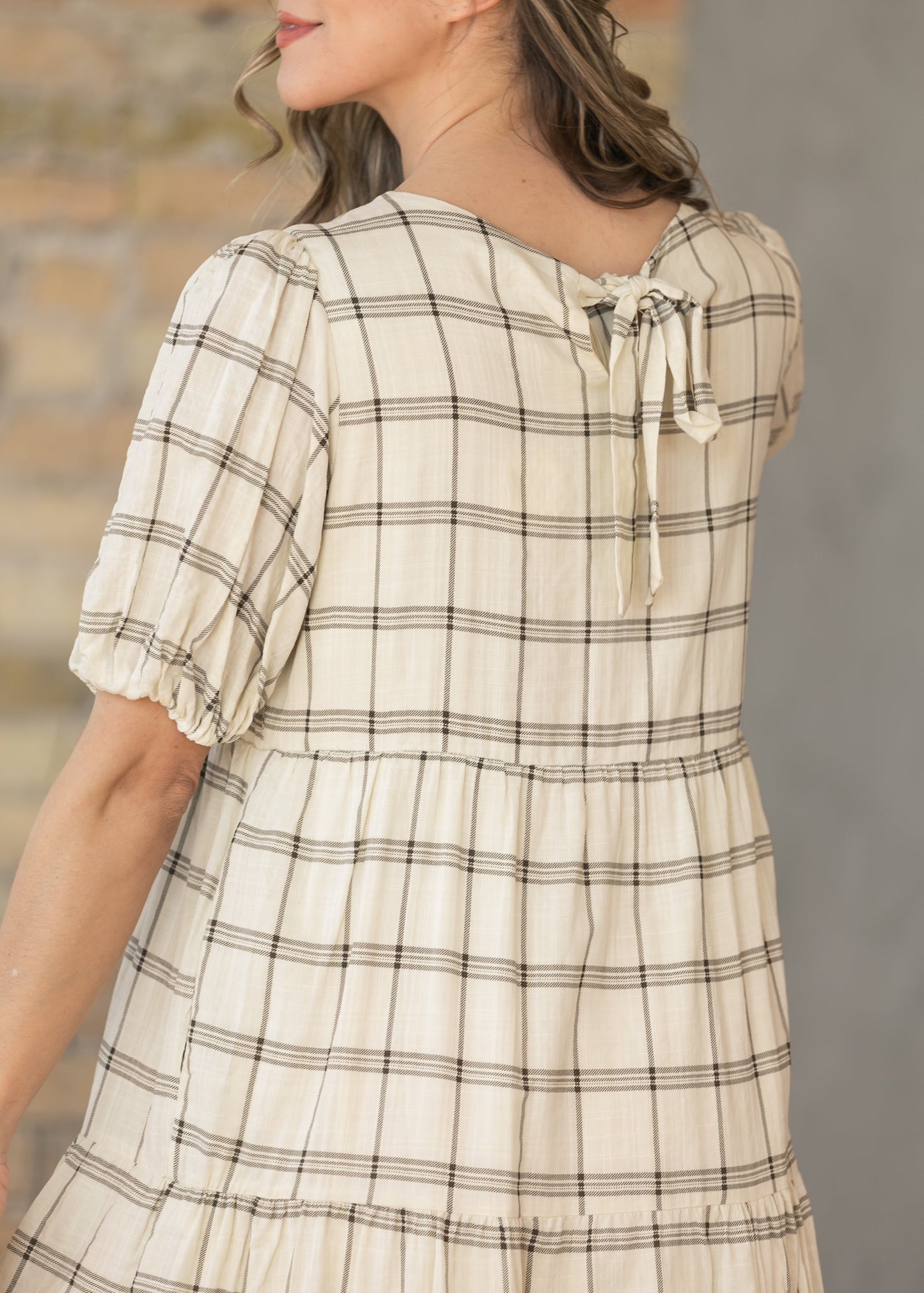 Puff Sleeve Windowpane Maxi Dress