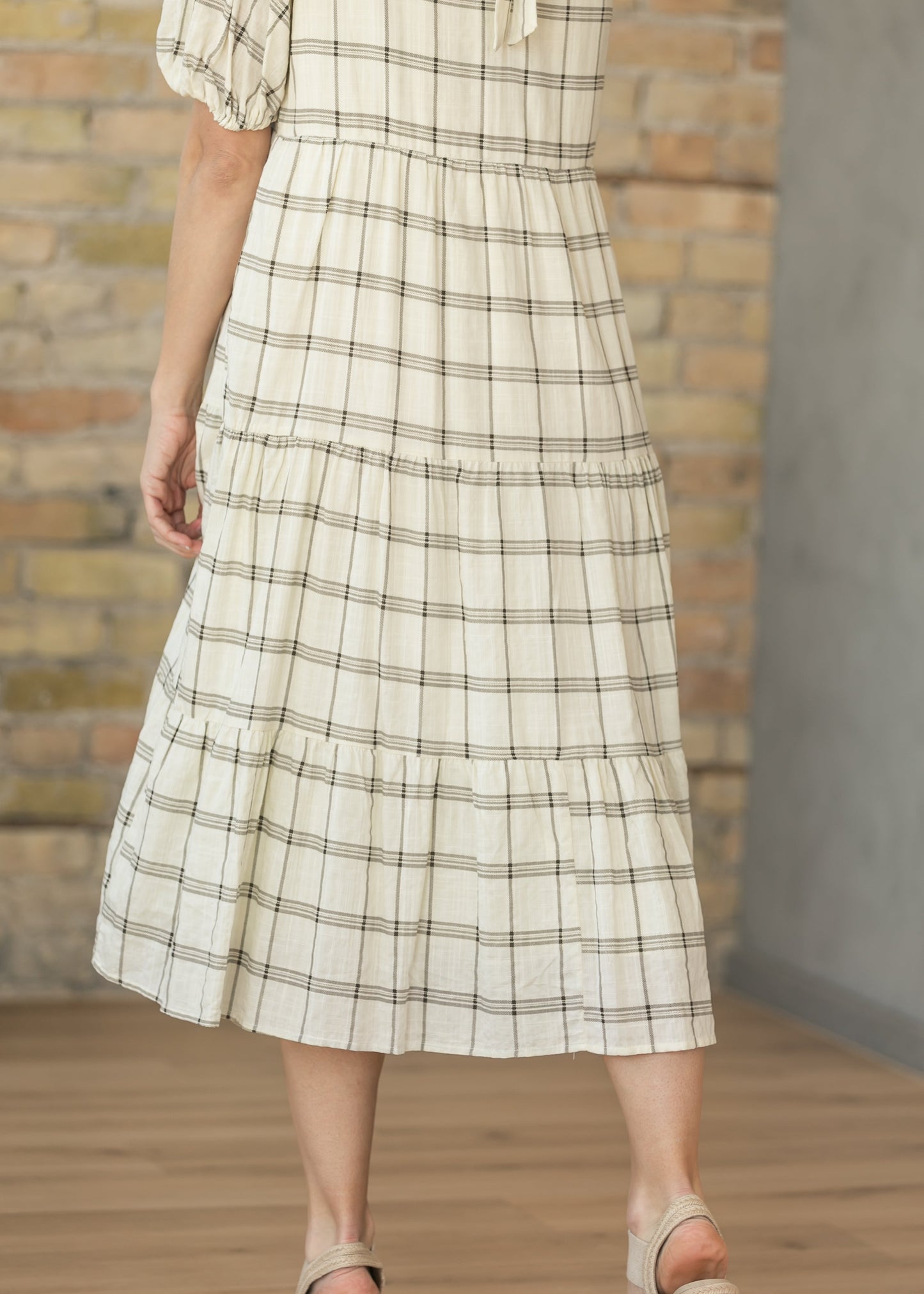 Puff Sleeve Windowpane Maxi Dress