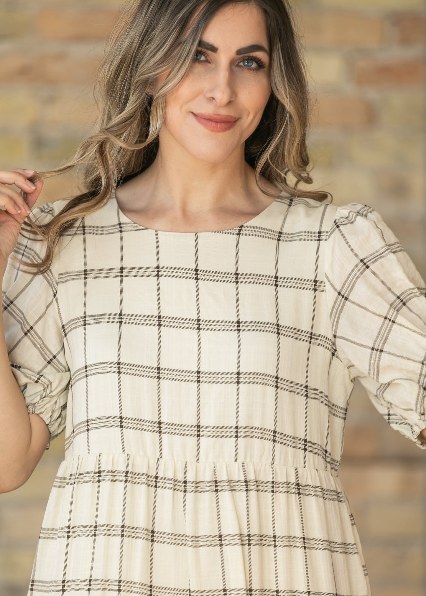 Puff Sleeve Windowpane Maxi Dress