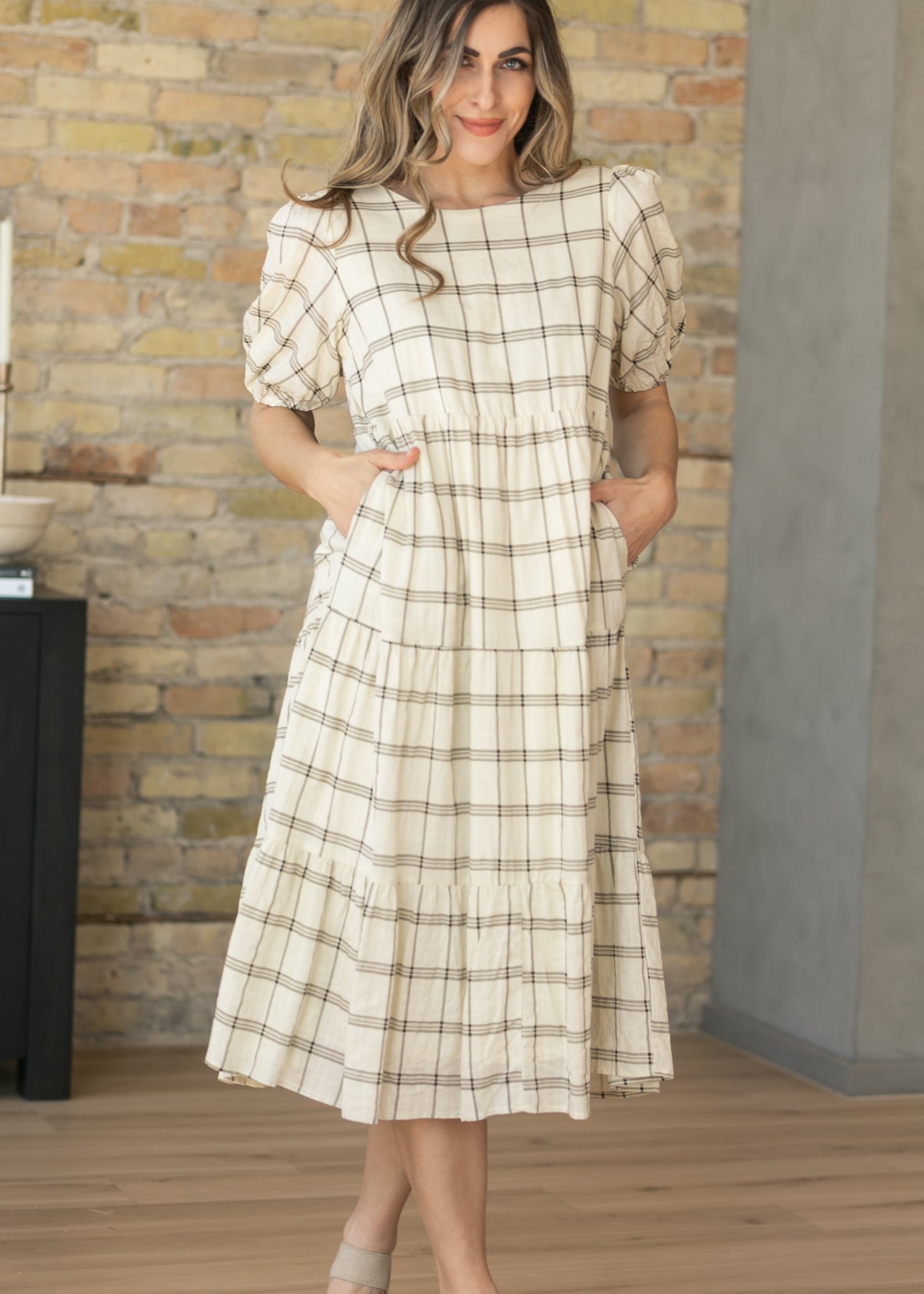 Puff Sleeve Windowpane Maxi Dress