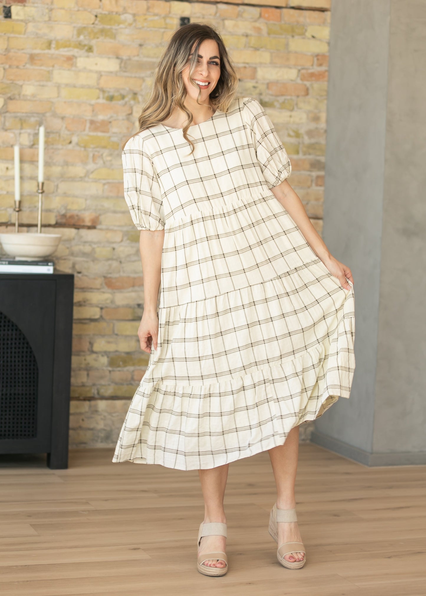 Puff Sleeve Windowpane Maxi Dress