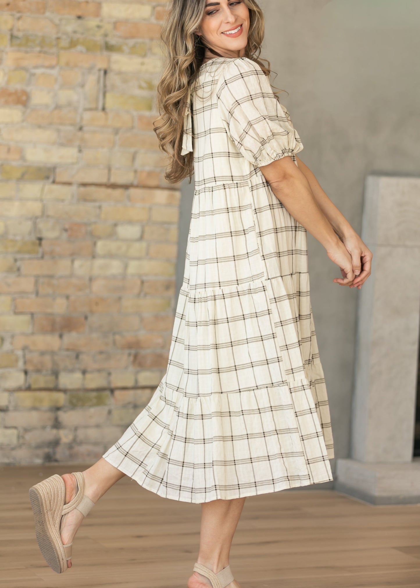 Puff Sleeve Windowpane Maxi Dress