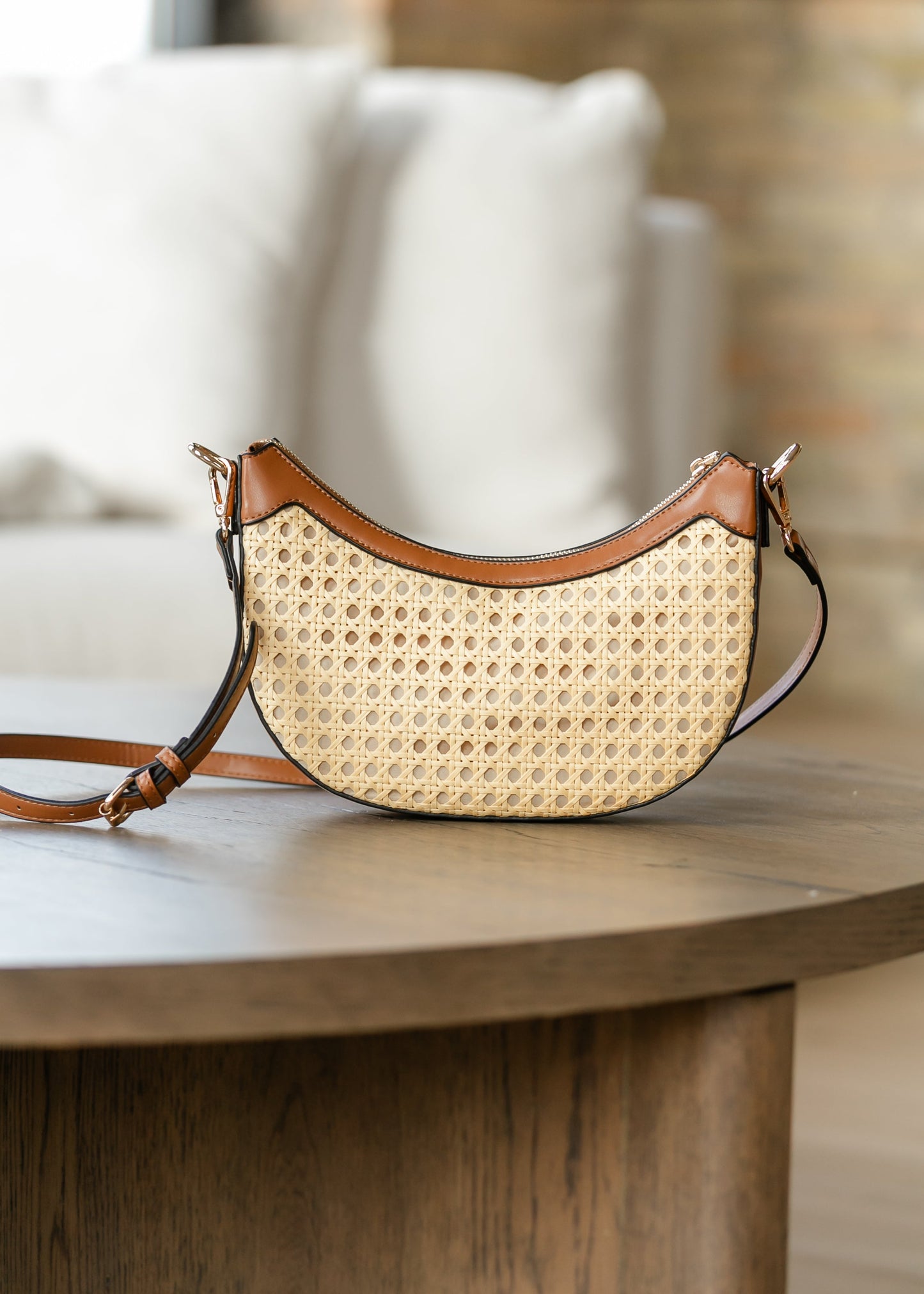Rattan Half-Moon Crossbody Bag