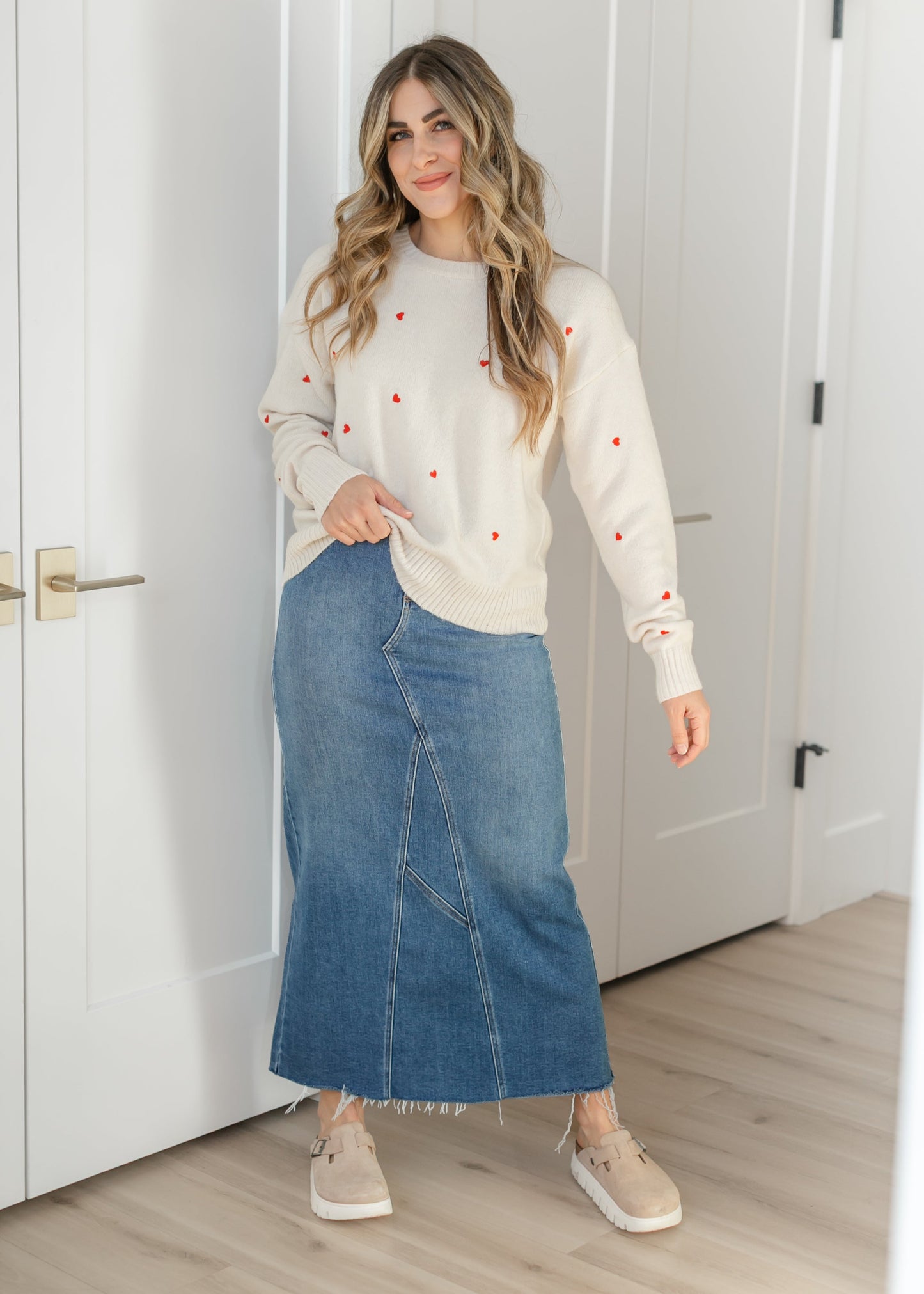 Red Heart Embroidered Knit Sweater