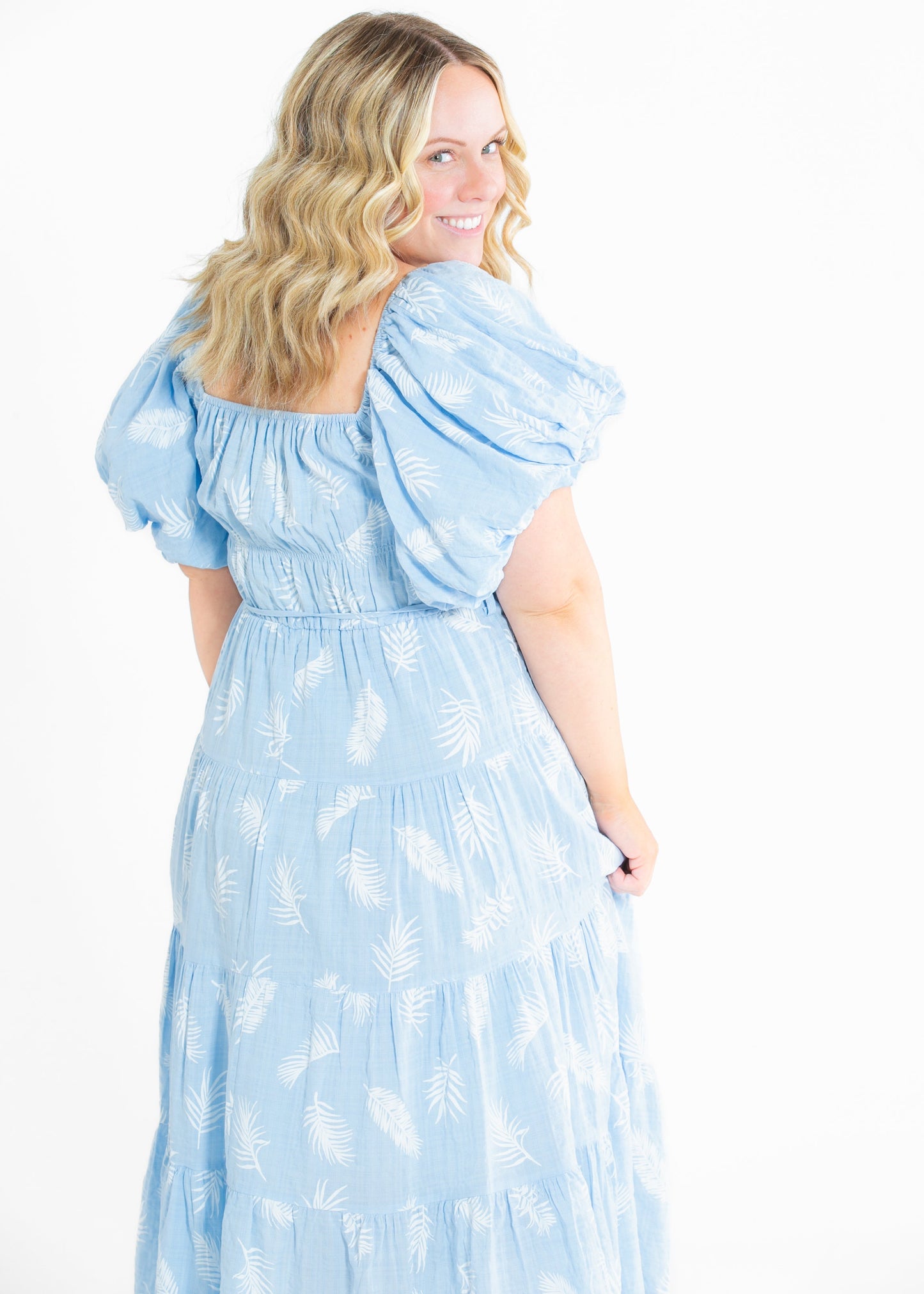 Rhea Leaf Print Puff Sleeve Tiered Midi Dress - FINAL SALE