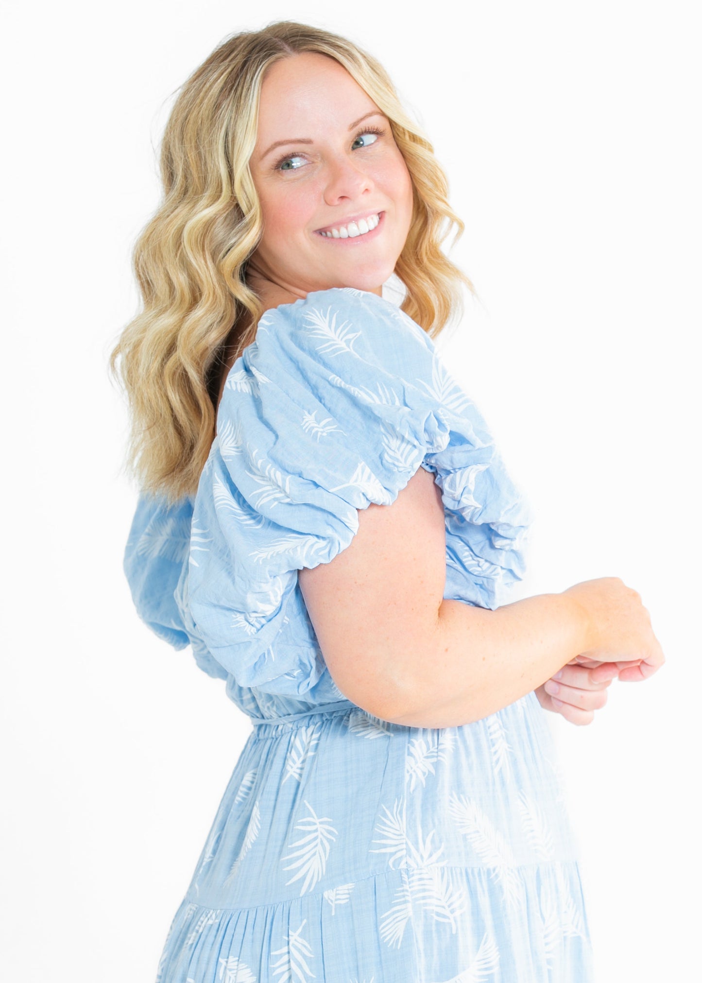 Rhea Leaf Print Puff Sleeve Tiered Midi Dress - FINAL SALE