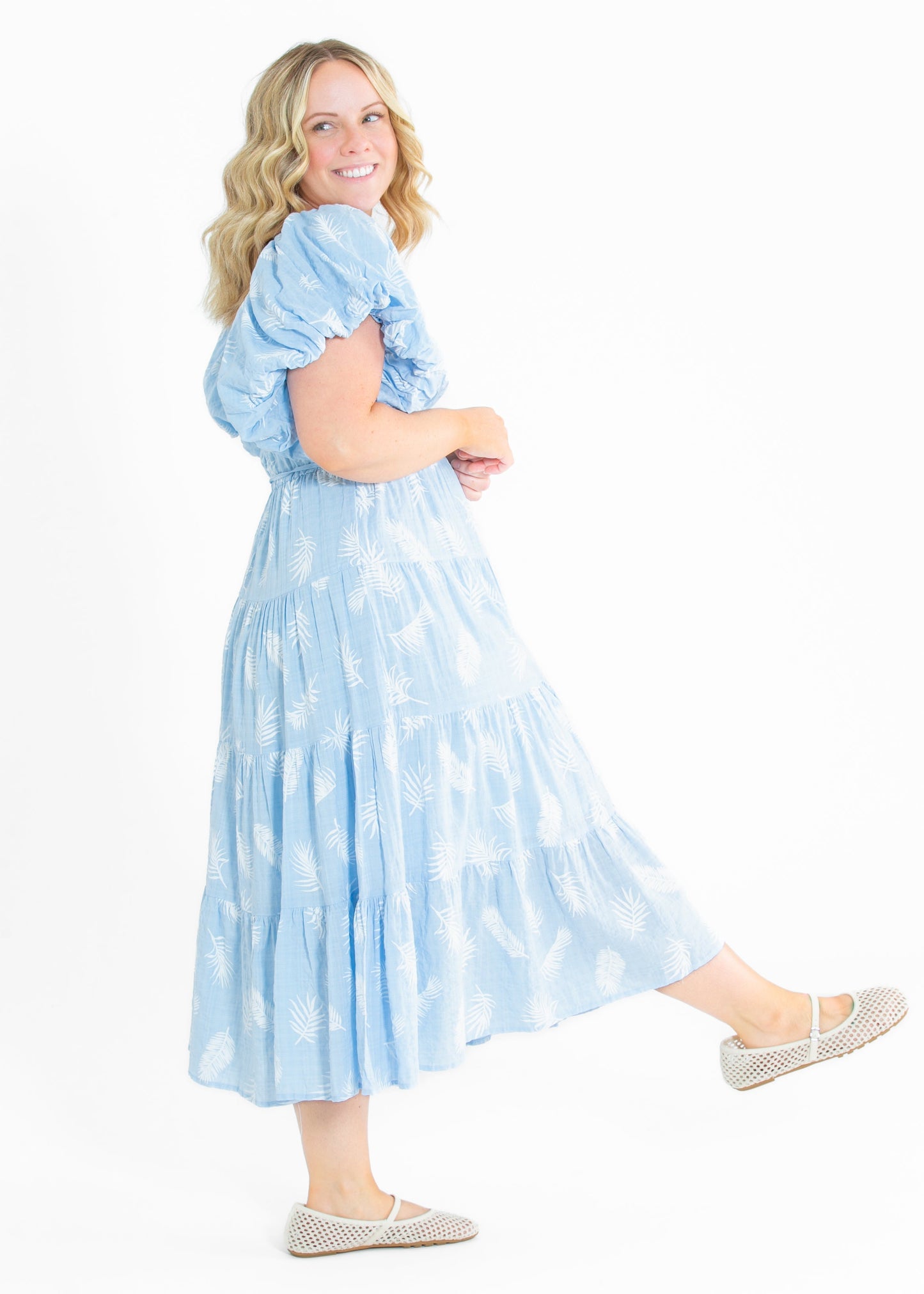 Rhea Leaf Print Puff Sleeve Tiered Midi Dress - FINAL SALE