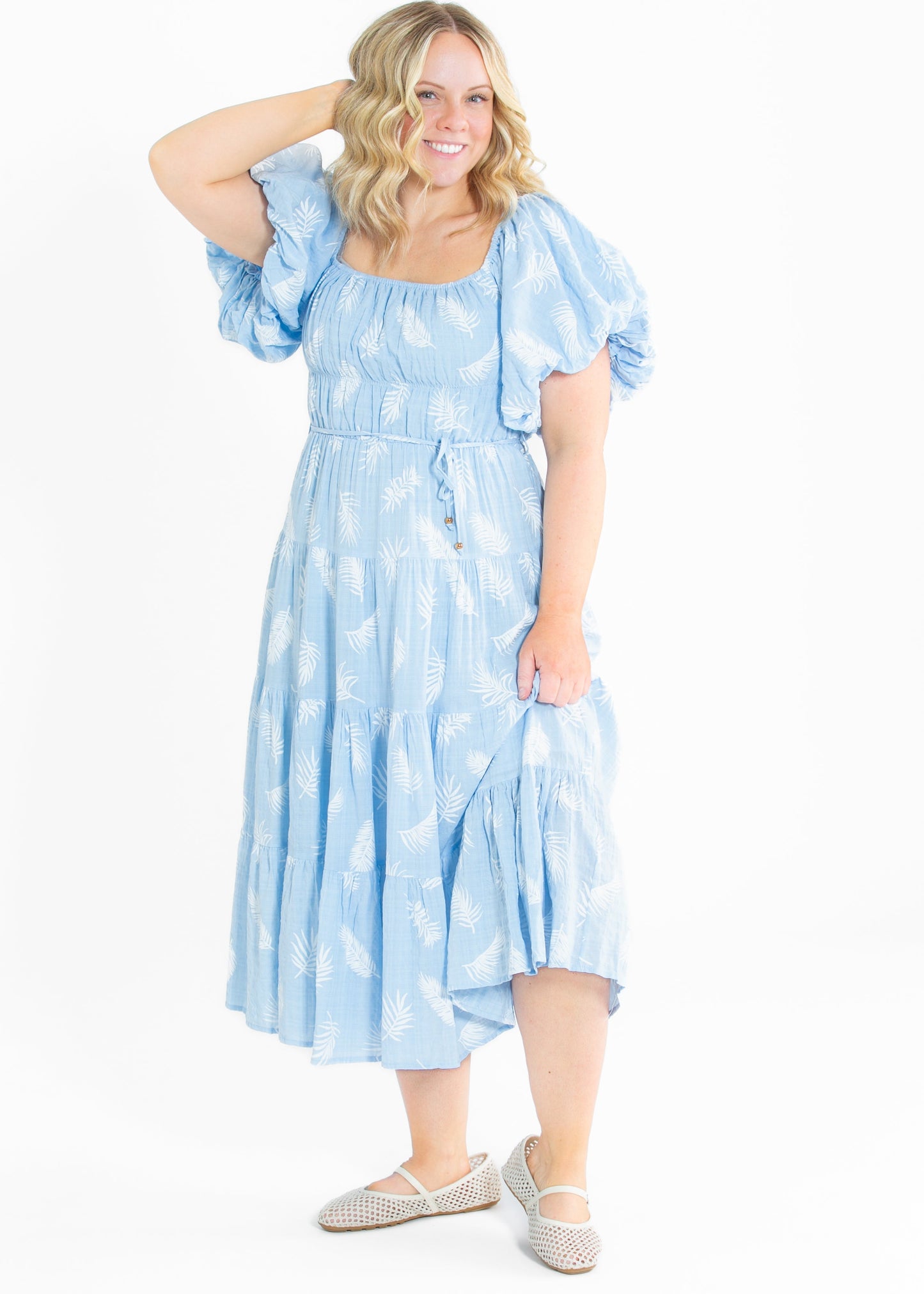 Rhea Leaf Print Puff Sleeve Tiered Midi Dress - FINAL SALE