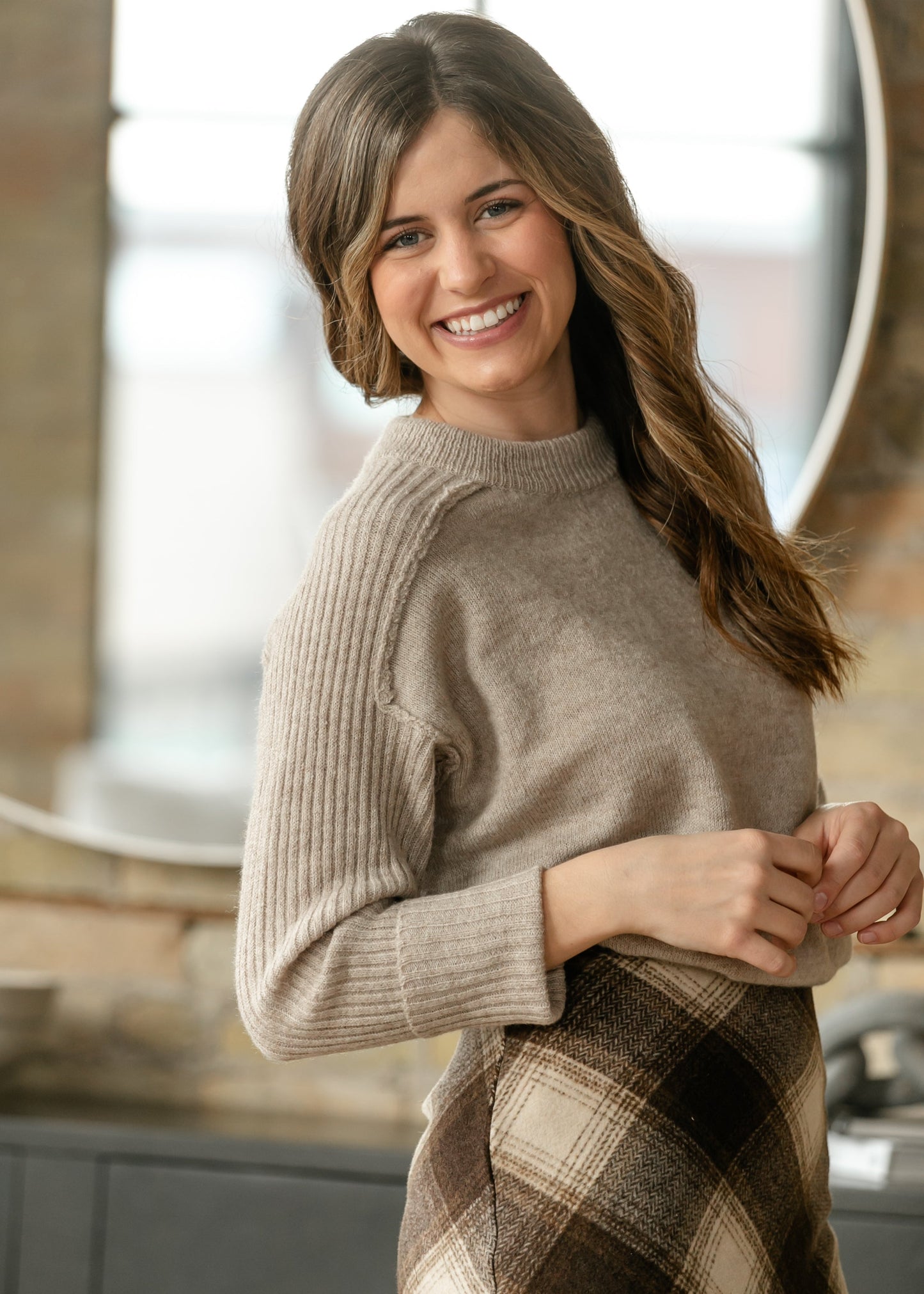 Ribbed Sleeve Crew Neck Sweater