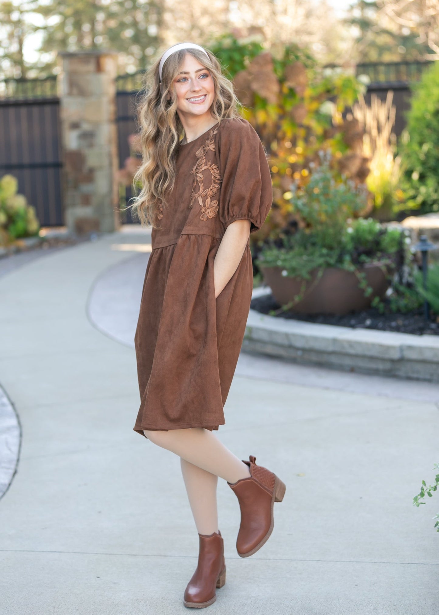 Ribbon Embroidered Suede Dress - FINAL SALE