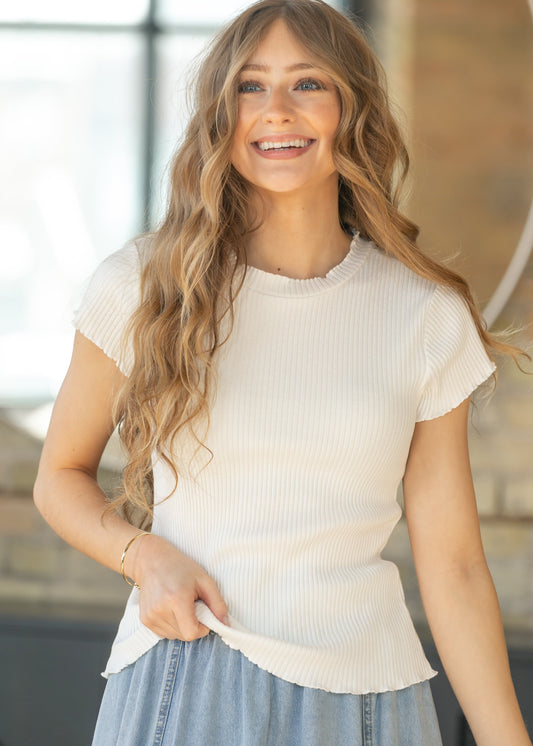 Ruffle Edge Ribbed Knit Top