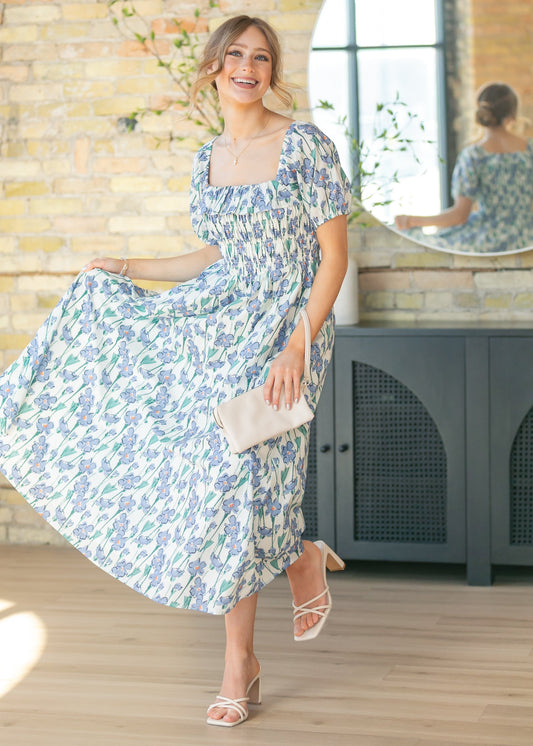 Ruffle Square Neck Smocked Maxi Dress
