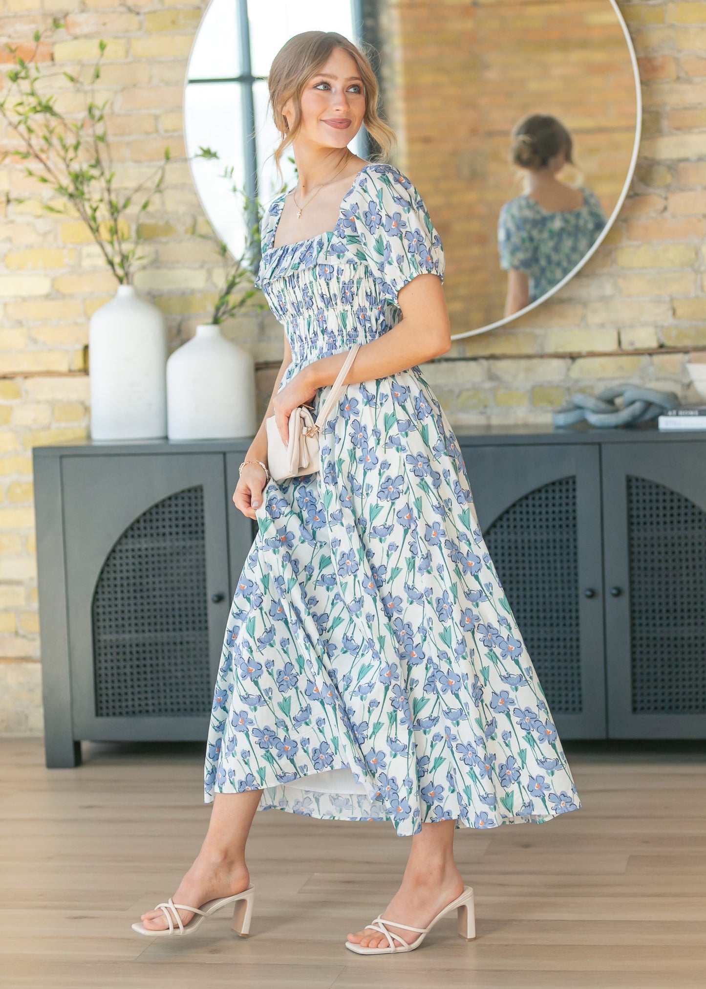 Ruffle Square Neck Smocked Maxi Dress