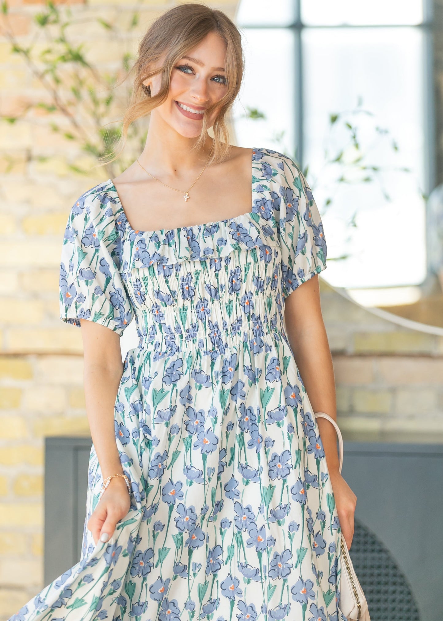 Ruffle Square Neck Smocked Maxi Dress