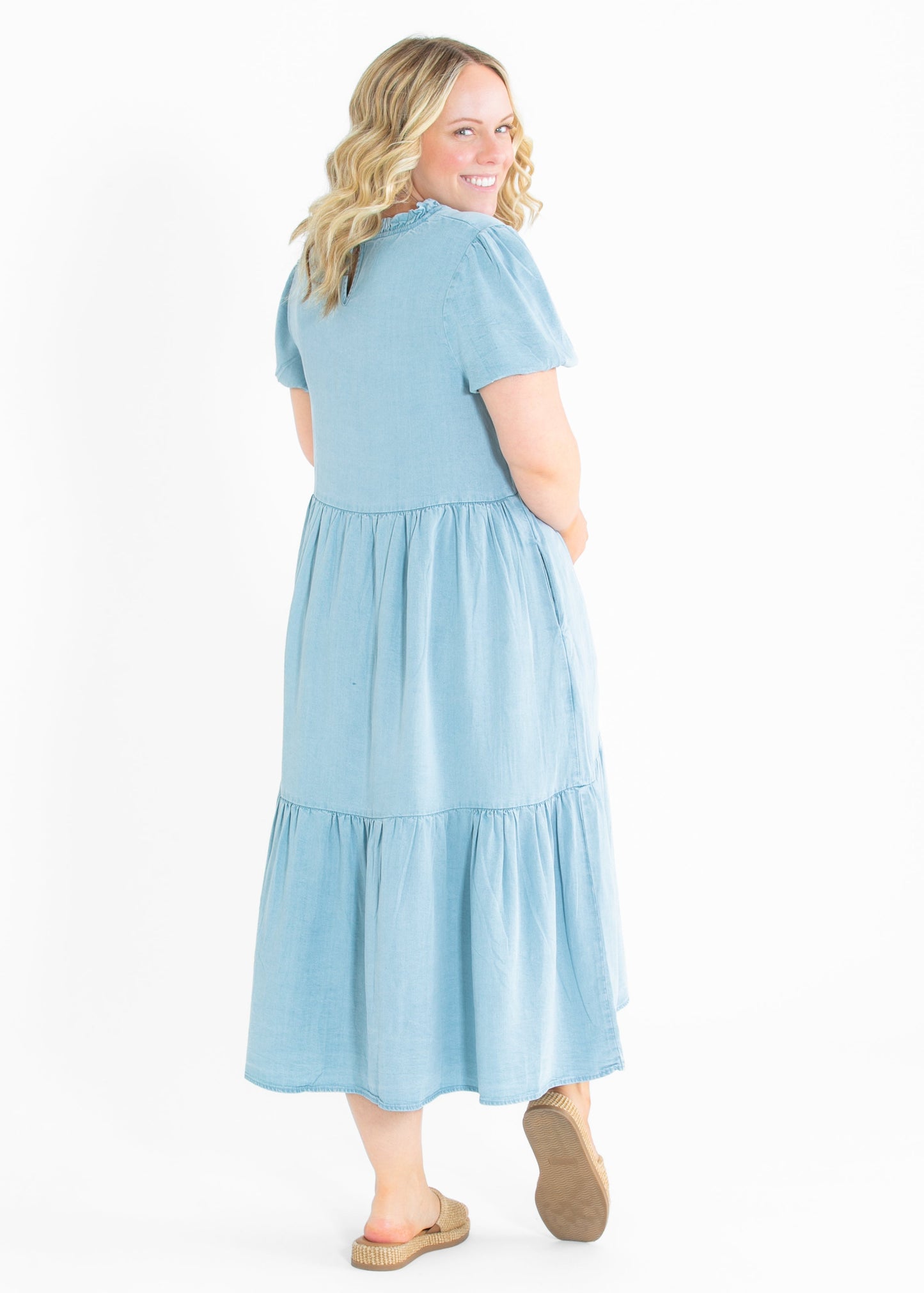 Ruffled V Neck Puff Sleeve Tencel Dress - FINAL SALE