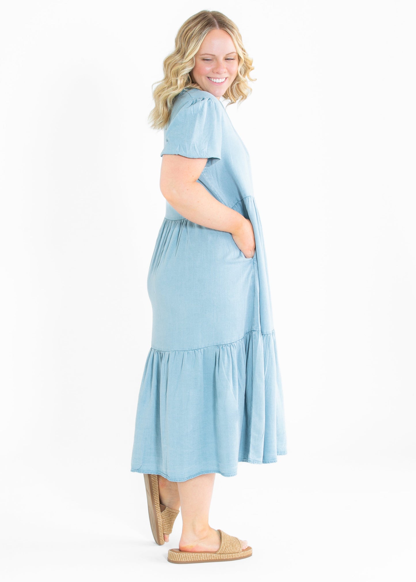 Ruffled V Neck Puff Sleeve Tencel Dress - FINAL SALE