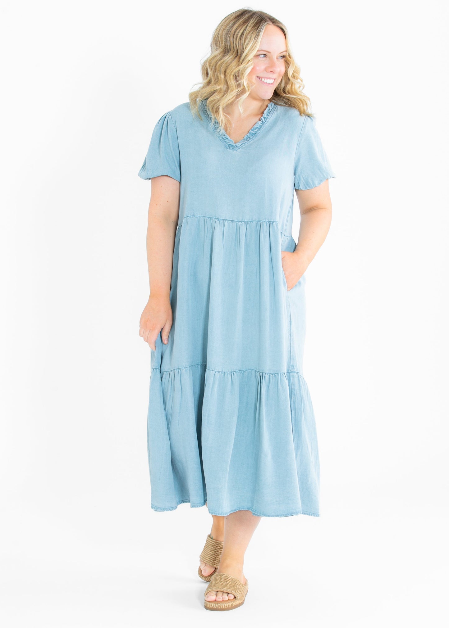 Ruffled V Neck Puff Sleeve Tencel Dress - FINAL SALE
