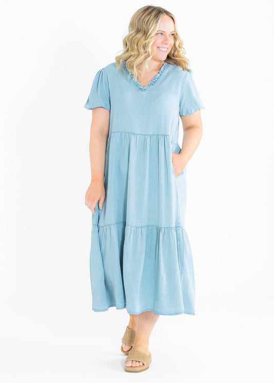 Ruffled V Neck Puff Sleeve Tencel Dress - FINAL SALE