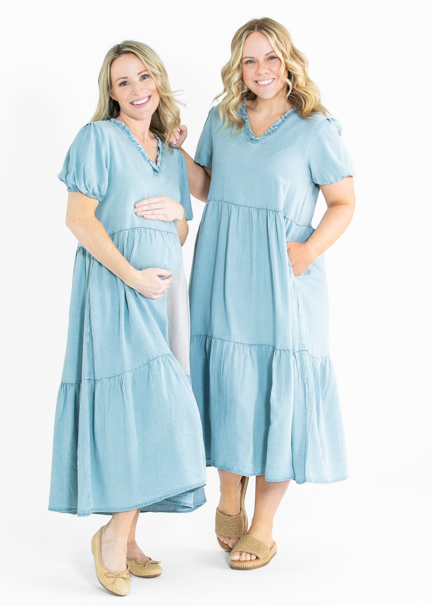 Ruffled V Neck Puff Sleeve Tencel Dress - FINAL SALE