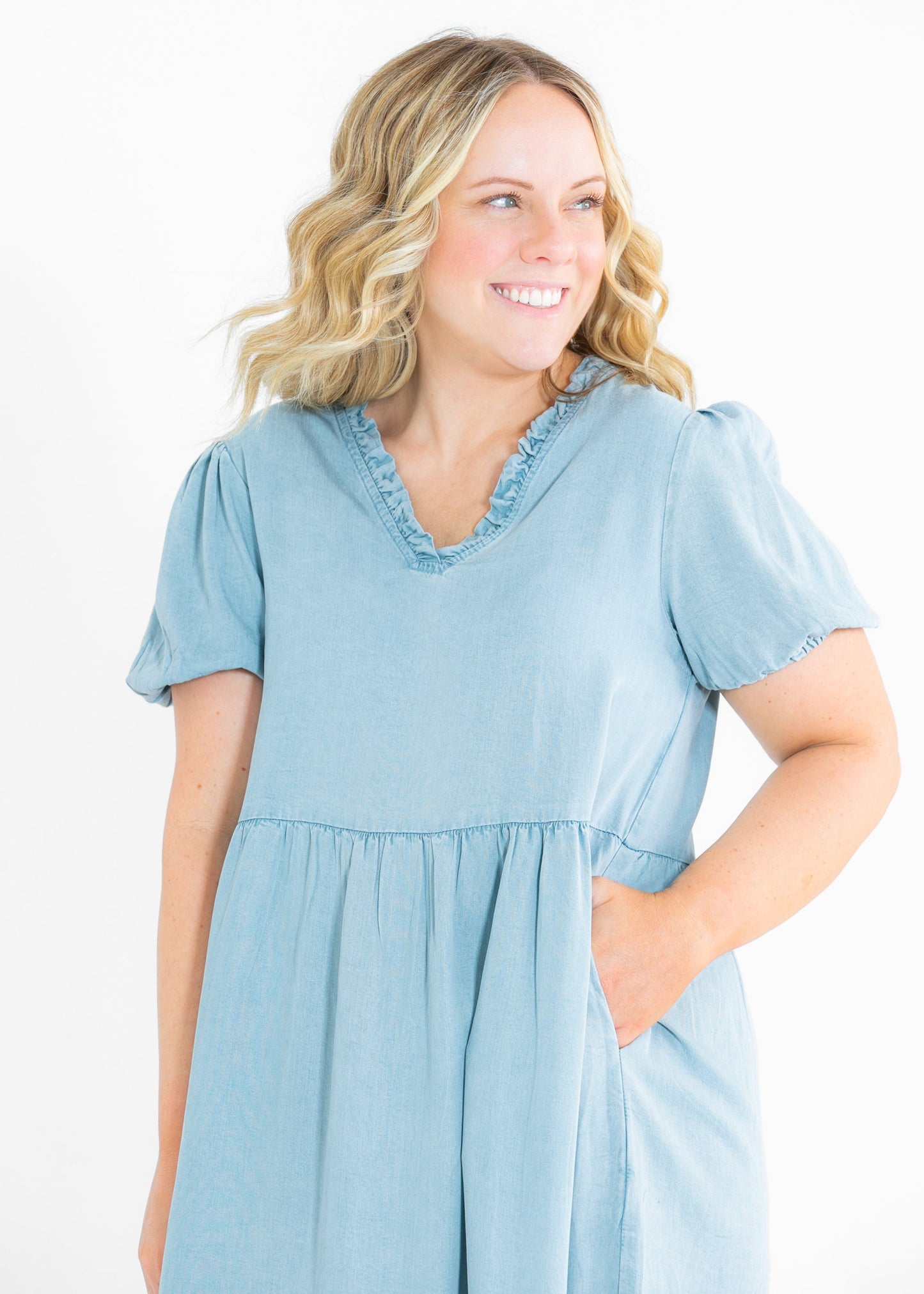 Ruffled V Neck Puff Sleeve Tencel Dress - FINAL SALE
