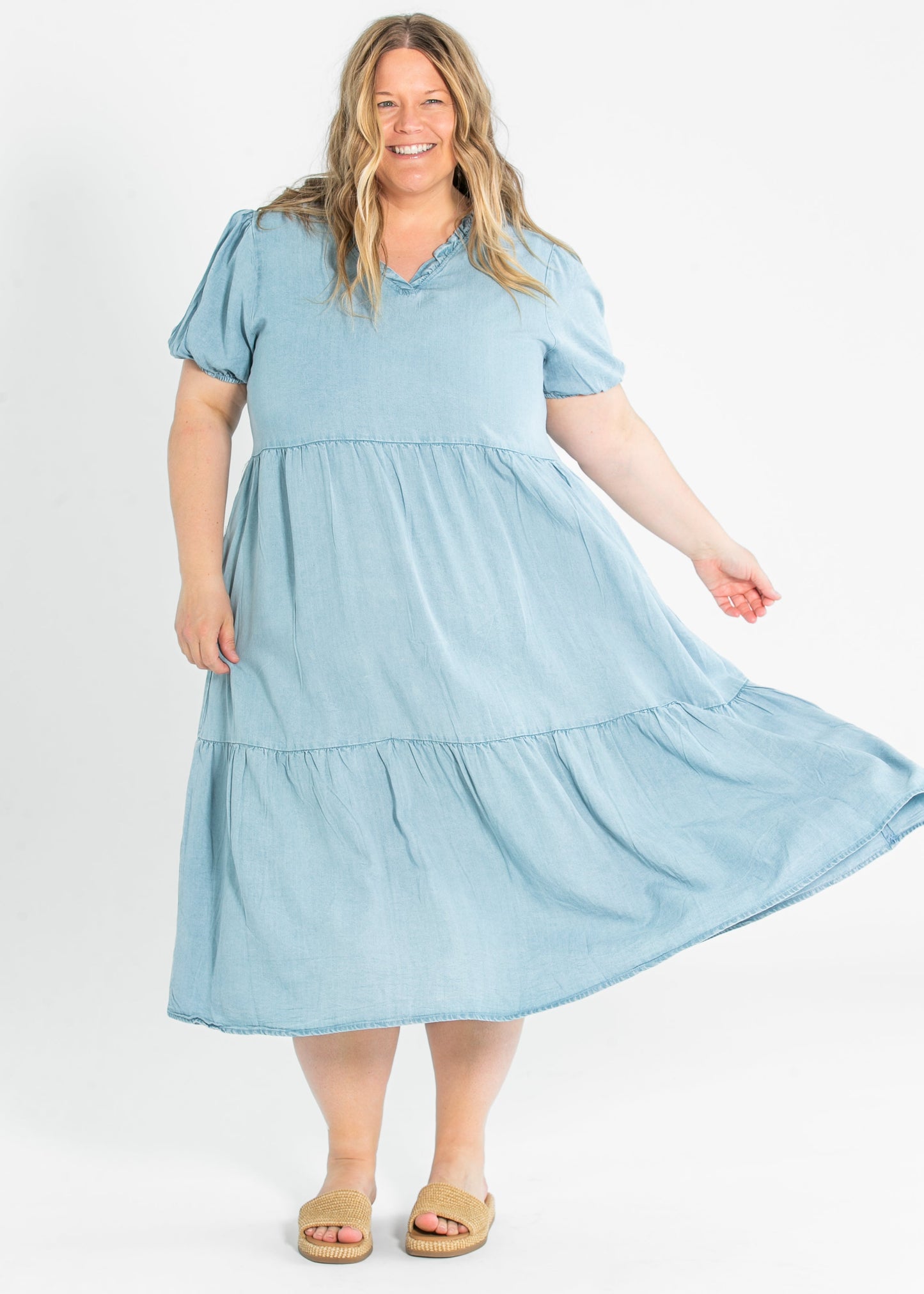 Ruffled V Neck Puff Sleeve Tencel Dress - FINAL SALE