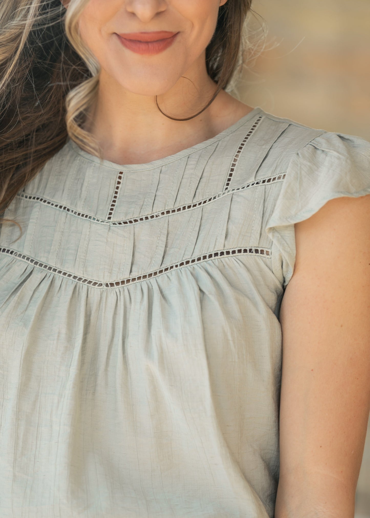 Sage Ladder Lace Flounce Sleeve Top