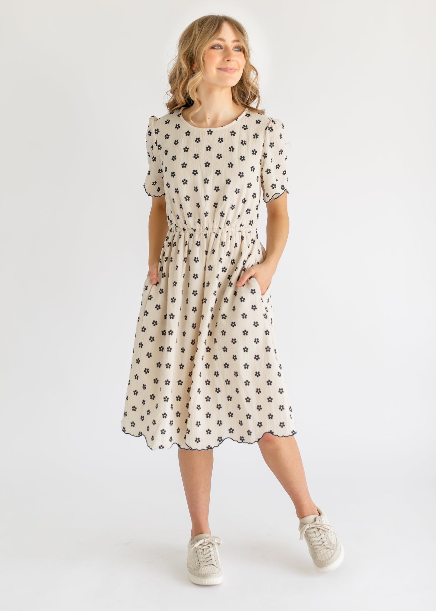 Scallop Edge Navy Floral Midi Dress - FINAL SALE