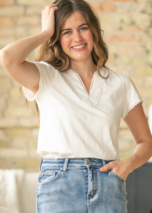 Scalloped Detail V Neck Top