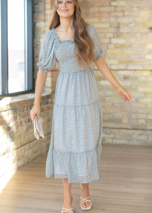 Sherelle Cloud Square Neck Smocked Midi Dress