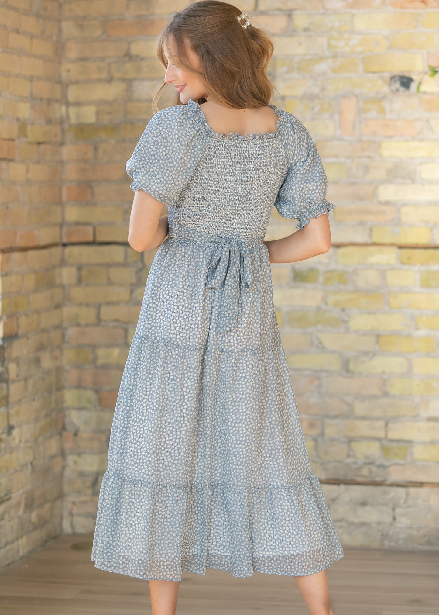 Sherelle Cloud Square Neck Smocked Midi Dress