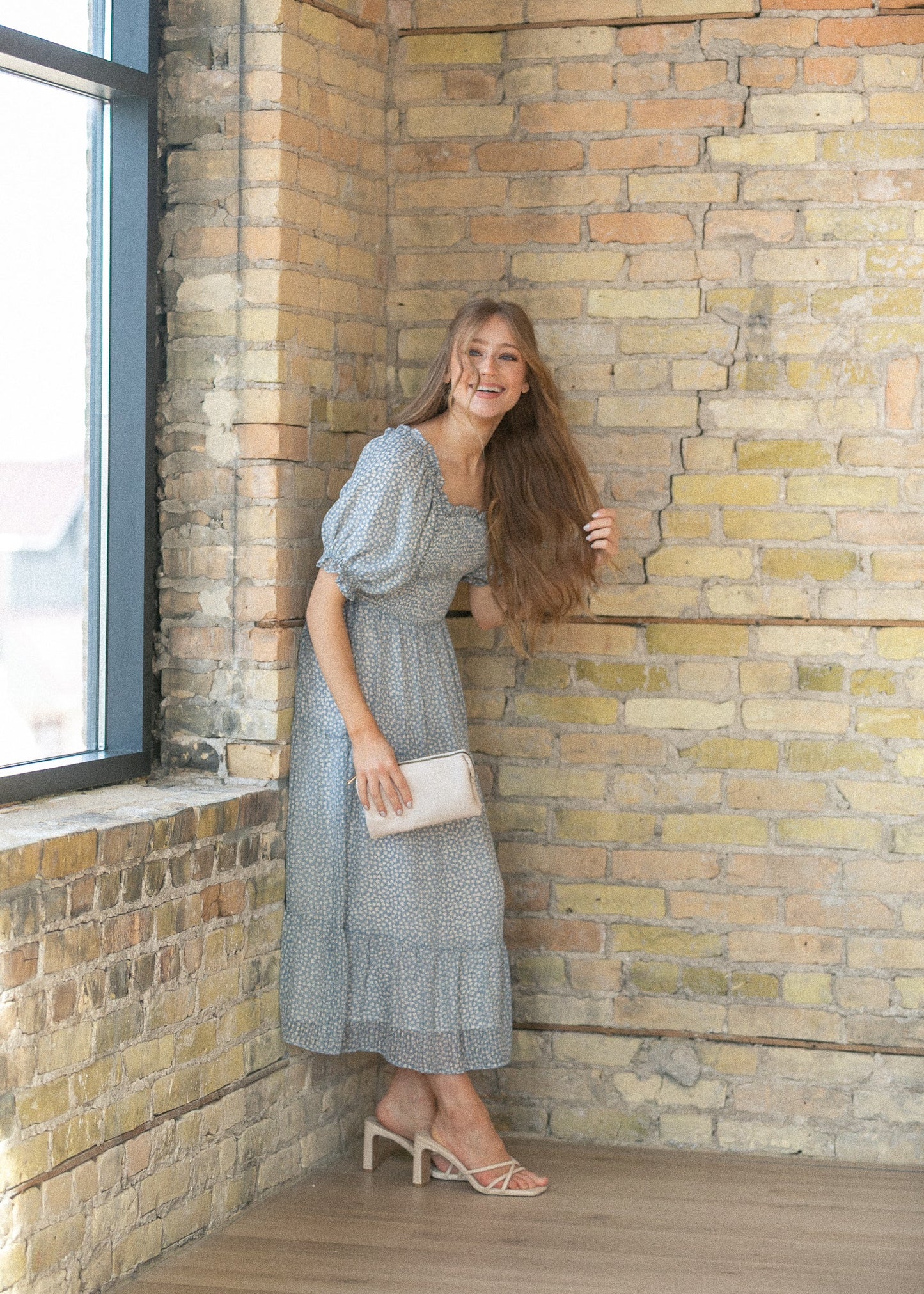Sherelle Cloud Square Neck Smocked Midi Dress