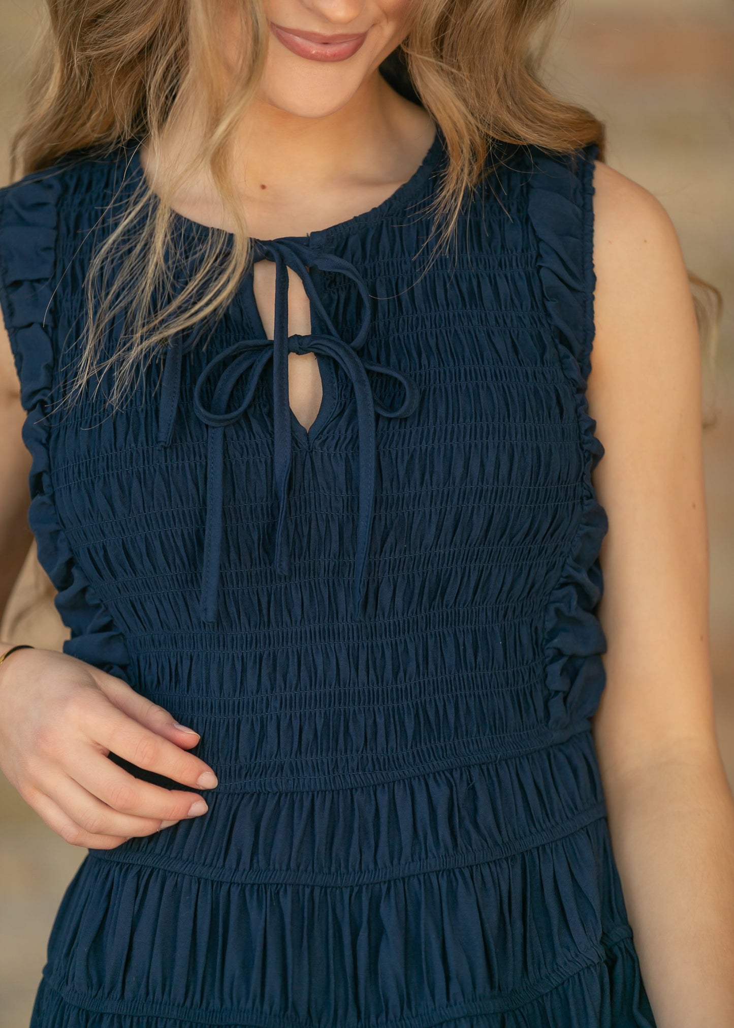 Shirred Front Tie Smocked Maxi Dress