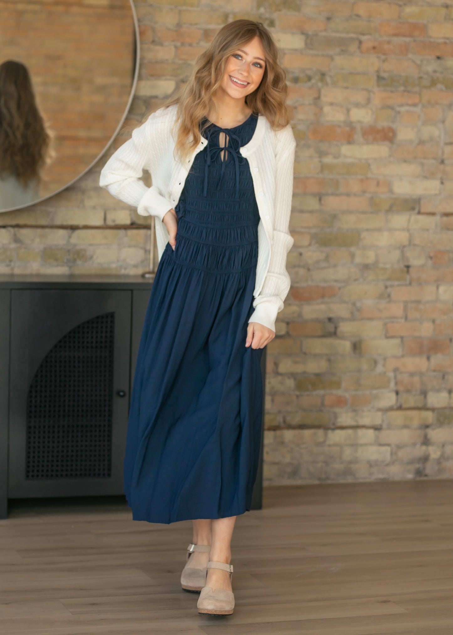 Shirred Front Tie Smocked Maxi Dress