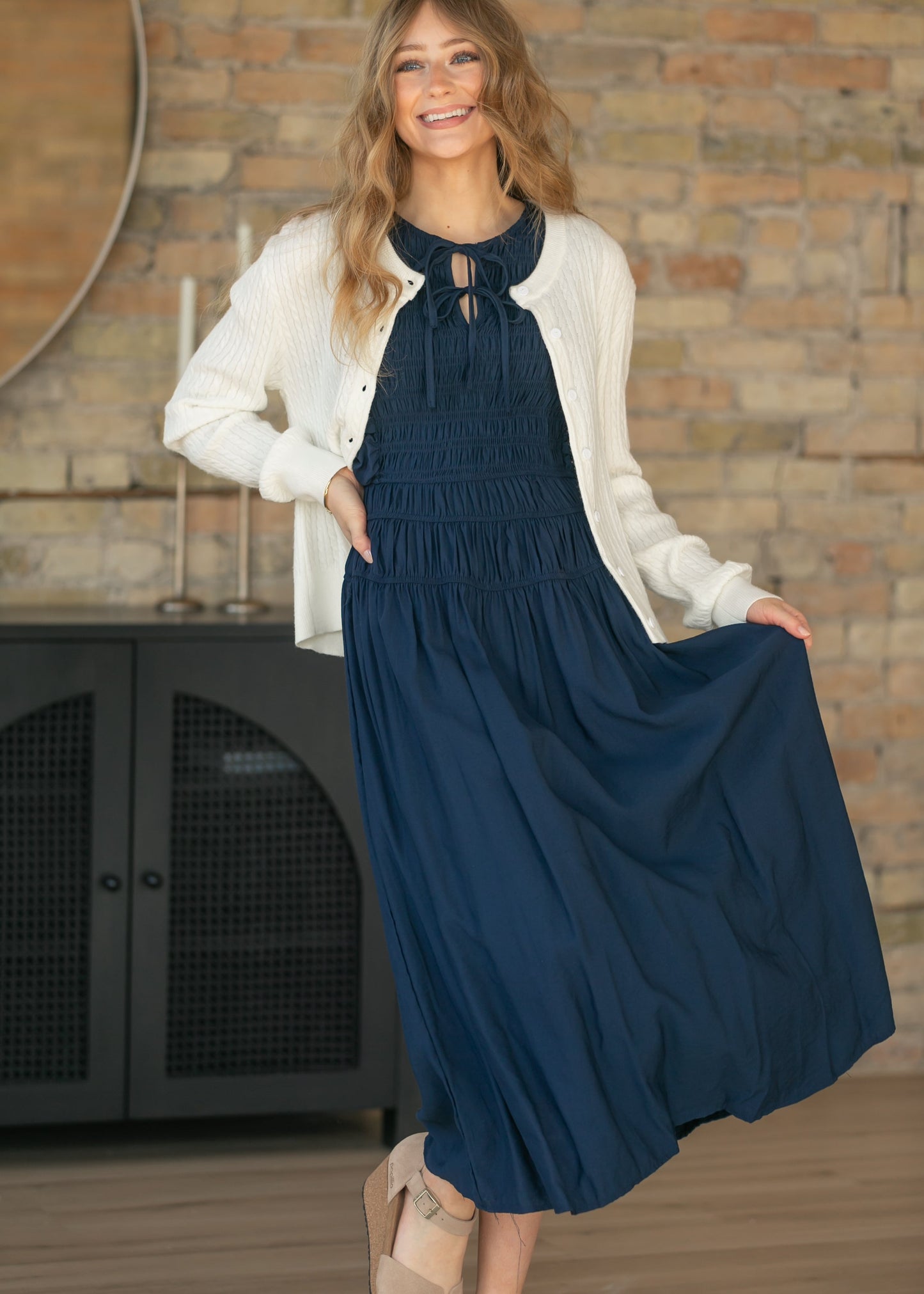Shirred Front Tie Smocked Maxi Dress