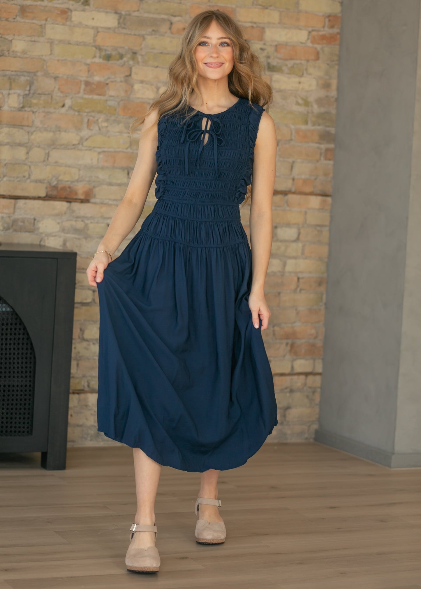 Shirred Front Tie Smocked Maxi Dress