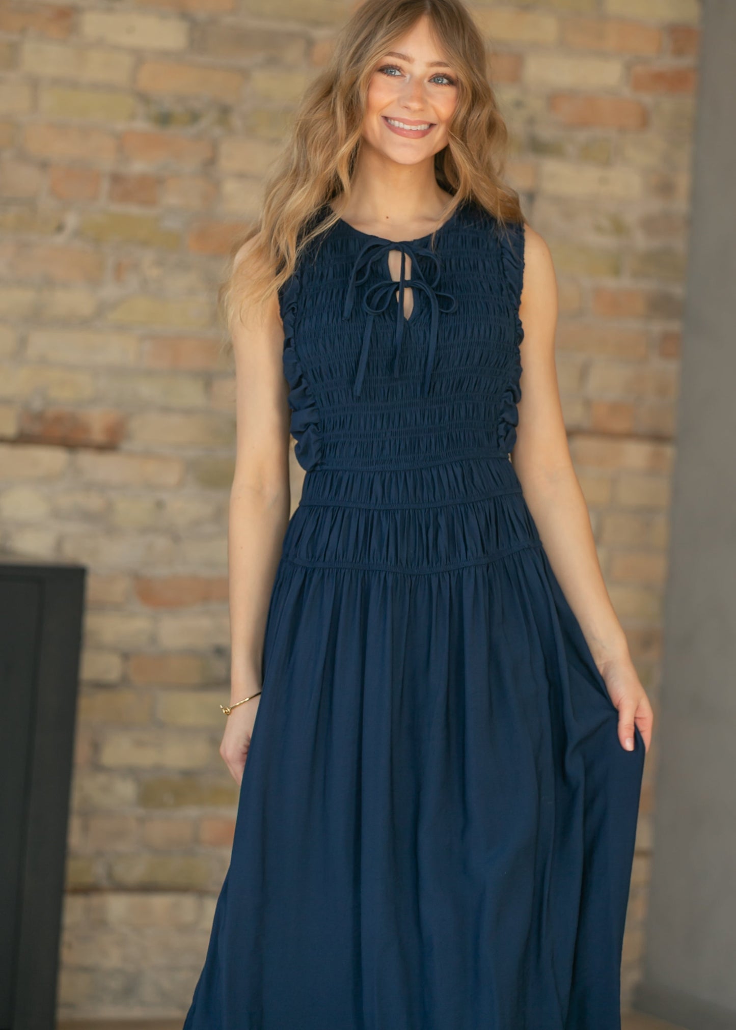 Shirred Front Tie Smocked Maxi Dress