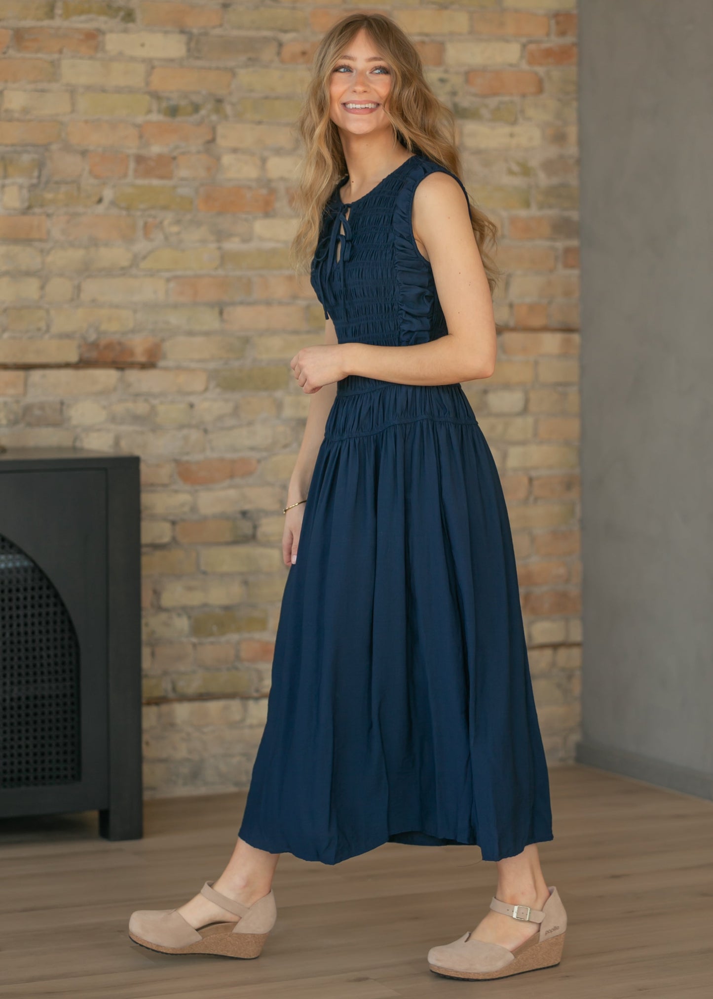 Shirred Front Tie Smocked Maxi Dress
