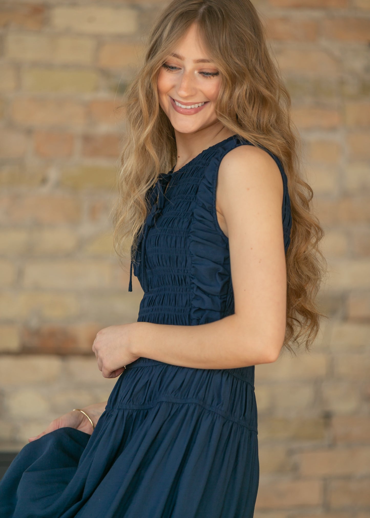 Shirred Front Tie Smocked Maxi Dress