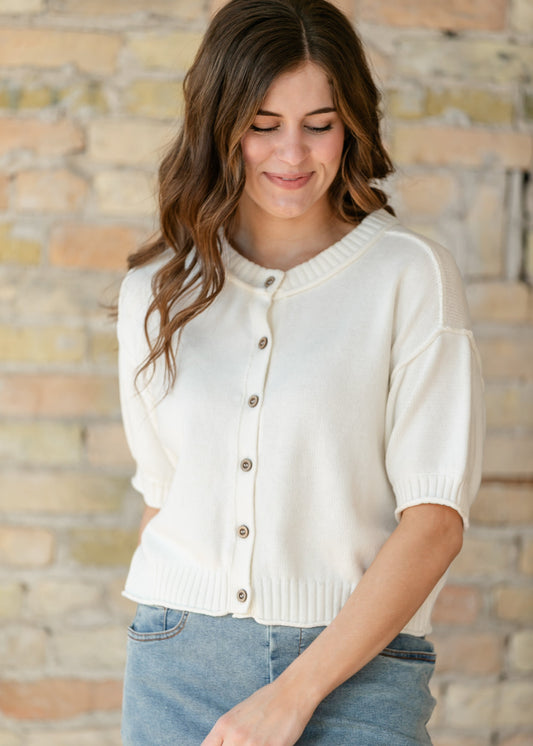 Short Sleeve Button Down Cream Cardigan