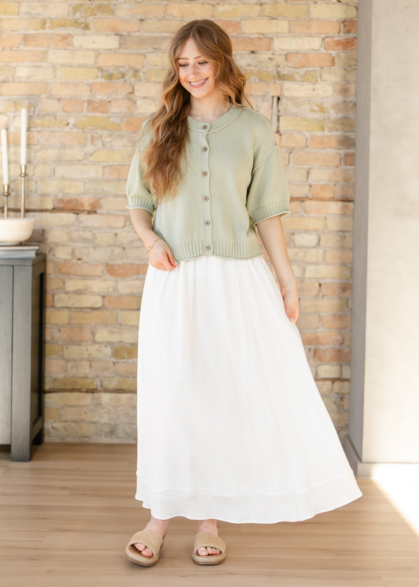 Short Sleeve Button Down Light Olive Cardigan