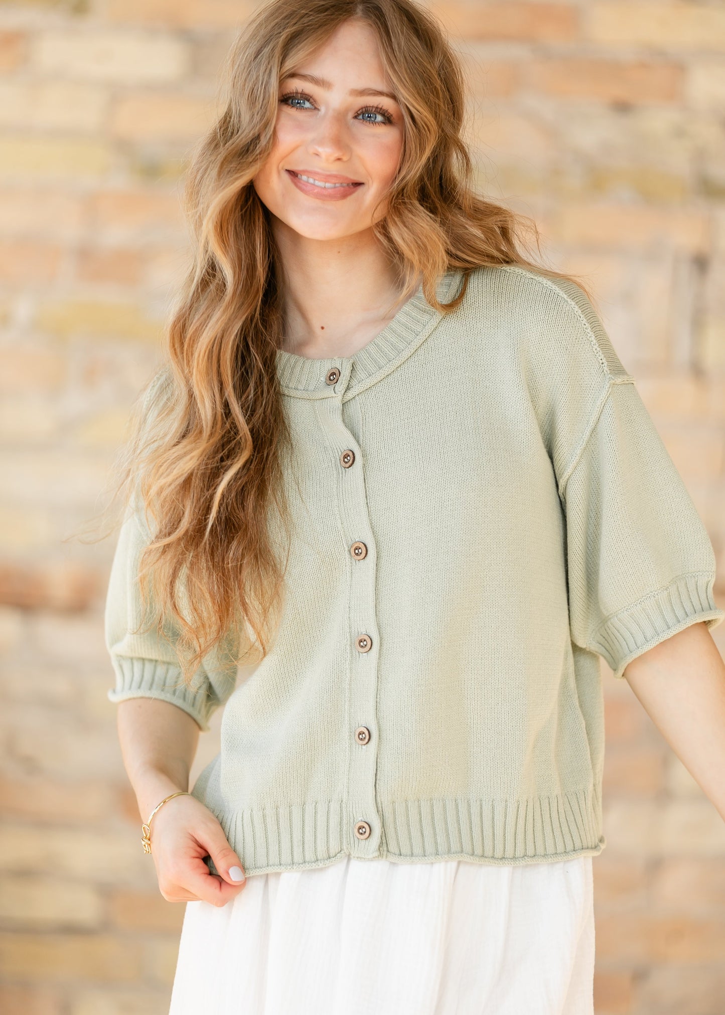Short Sleeve Button Down Light Olive Cardigan