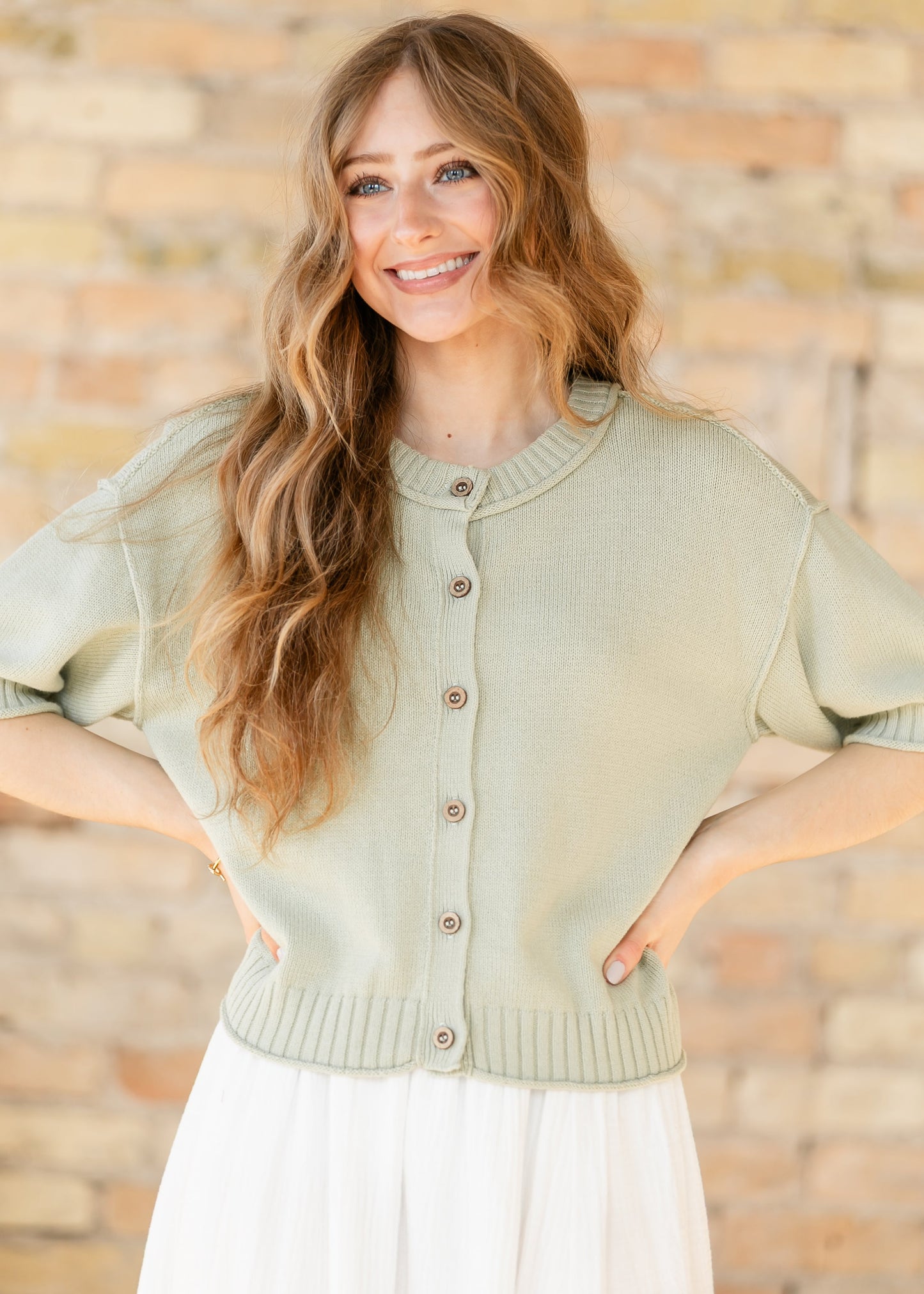 Short Sleeve Button Down Light Olive Cardigan