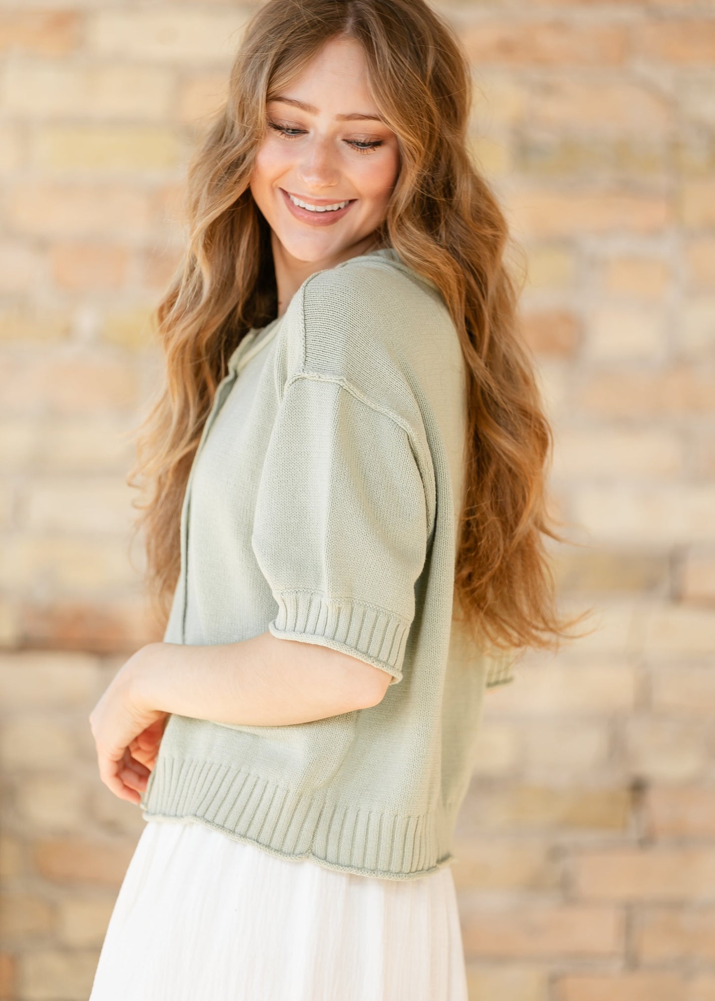 Short Sleeve Button Down Light Olive Cardigan